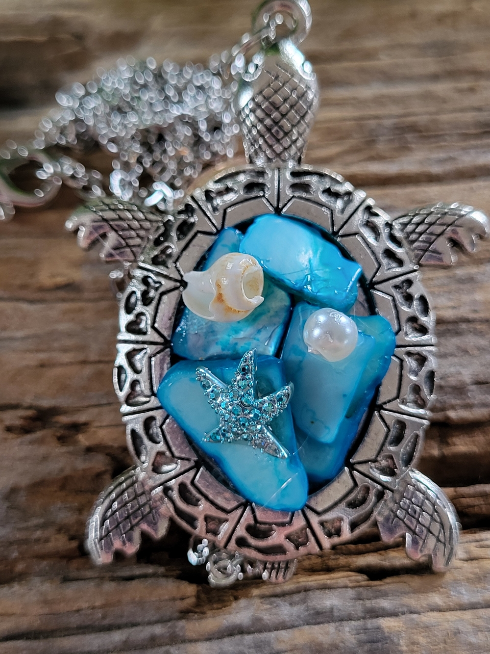 Silver Toned Turtle Necklace with Blue Shell